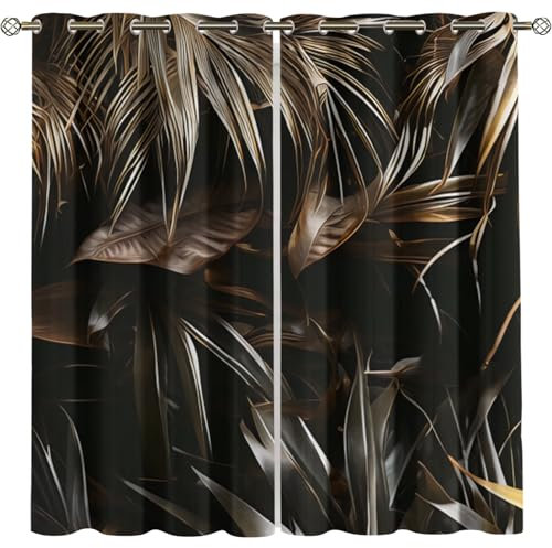 Kinder Gardinen Kinderzimmer Junge Mädchen Blickdicht Schwarze, Goldene Blätter 200X214Cm 2Er Set Verdunkelungsvorhang Thermovorhang Hitzeschutz Vorhänge Wohnzimmer Schlafzimmer Vorhänge Mit Ösen