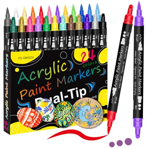 Alitastro Dual Tip Acrylic Paint Pens 24 Colors Dot & Brush Acrylic Pens | Quick Dry, Waterproof Marker Pens for Rock Painting Wood Glass Acrylic Paint Markers for Christmas Easter Egg Halleen Pumpkin