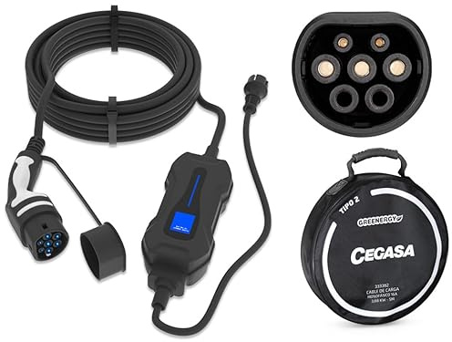 Cegasa- Cargador Cable de Carga Tipo 2 IP 66 Monofásico 3,7 kW (16A) con Enchufe Schuko – 5 m
