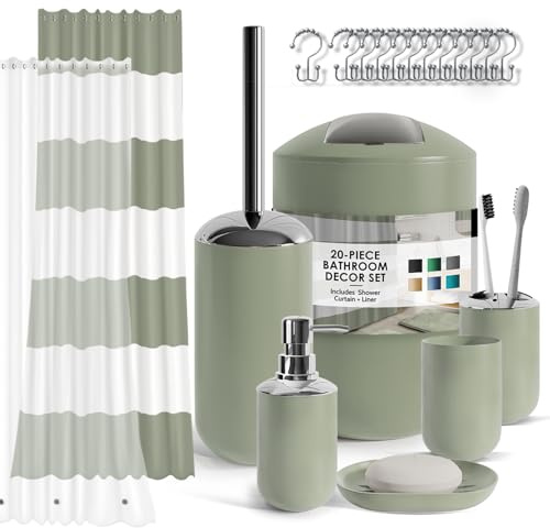 Clara Clark Bathroom Set - Sage Green Bathroom Accessories Set, 20PC Bathroom Accessory Set, Shower Curtain Set with Liner, Toothbrush Holder, Soap Dispenser, Soap Dish, and Toilet Brush Holder