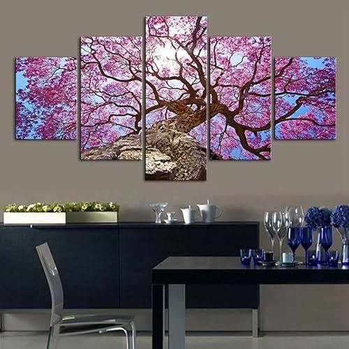 YOURNAME Leinwand Bilder Schöner rosa Kirschbaum Bild auf Leinwand Wandbilder Wohnzimmer Modern 5 Teilige Kunstdruck Wandbilder Wohnzimmer, Schlafzimmer, Moderne Wanddeko