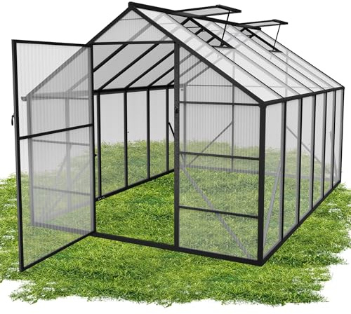 QEENTOE Gewächshaus Aluminium mit Fundament & Dachfenster Tomatenhaus wetterfest rostfrei Treibhaus Anzuchthaus temperaturbeständig Frühbeet Pflanzenhaus für Tomaten, Gemüse & Pflanzen - 380x250x205cm
