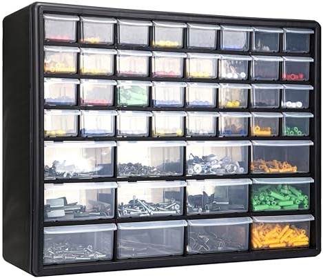 CraftGenes 44 Drawer Screw Storage Organiser Cabinet, Wall Mounted Small Parts Storage with Adjustable Dividers, Plastic Tool Drawer Unit for Garage, Workshop & Craft(Black)