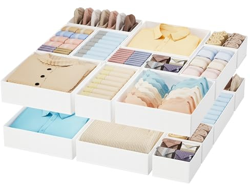 18 Pack Drawer Organiser Clothes - Baby Drawer Dividers with Zipper White | 3 Size Storage Box For Underwear, T-shirts, Yoga Pant, Bras, Belts, Scarves, Leggings, Dresser in Bedroom, Nursery, Wardrobe