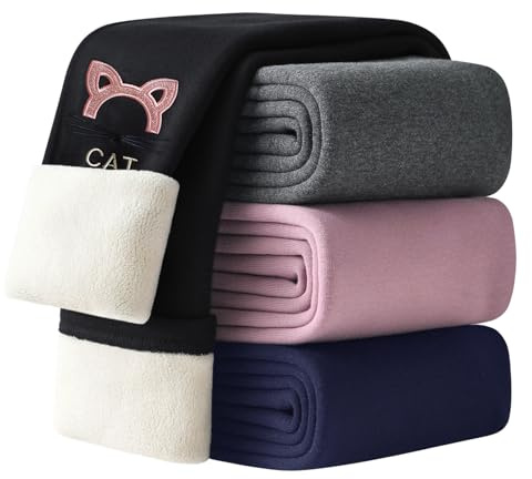 Adorel Leggings Chaud Polaire Pantalon Hiver Thermique Coton Fille avec Broderie de Chat, Blanc 7-8 Ans (Taille du Fabricant 130)
