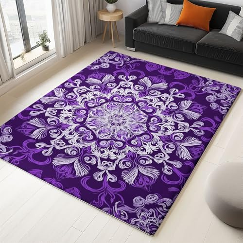 Alfombra Moderna 80 X 150 Cm Diseño Bohemio Hierba Rizada Mandala Morado Blanco, Tapete Lavable A Máquina Antideslizante, Pelo Corto Suave para Dormitorio, Comedor, Sala O Pasillo