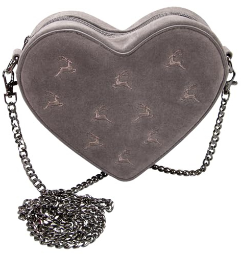 Alpenflüstern Trachtentasche Samtherz mit Hirschstickerei - Damen Handtasche, Schultertasche fürs Dirndl, Tasche zur Tracht, Dirndltasche mit Metallelemente (grau) DTA105