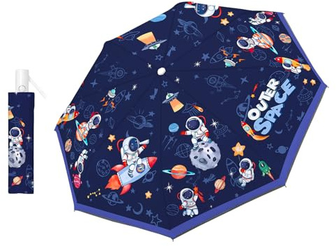 decalsweet Regenschirm Kinder, Klein Taschenschirm Kinderschirm Astronaut | Knirps Regenschirm mit reflektierenden Streifen, Sturmfest,Kompakter,Robuster, Leicht zu Transportieren, Reise Regenschirm,