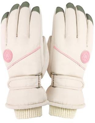 Feelorna Ski Gloves for Women, Winter Touchscreen Waterproof Warm Snow Gloves with Adjustable Wristband, Non-Slip Windproof Thermal Snowboard Glove for Cold Weather (Beige)