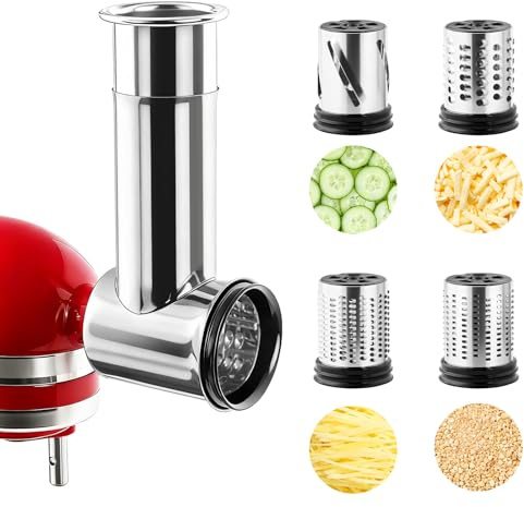 KITOART Edelstahl Slicer Shredder & Käsereibe Aufsatz für Kitchenaid Standmixer - Inklusive Salatbereiter, Mahlpulver, Spülmaschinenfest mit 4 Klingen