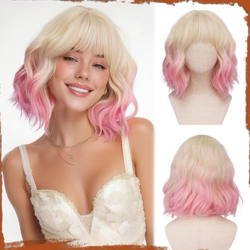 Sofeiyan Kort vågig peruk med lugg, kvinnor, 30 cm, gradient, guld, krämig, persika, mjuk, syntetisk, för kvinnor, naturlig, lockig peruk för daglig användning, cosplay, halloween, fest, 30 cm