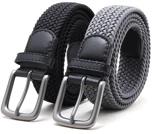 Uoocg 2 Ceintures élastiques pour Homme | Ceinture tissée sans trous 34mm | Polyester extensible pour short de golf, short décontracté, jeans | Noir Gris 110cm