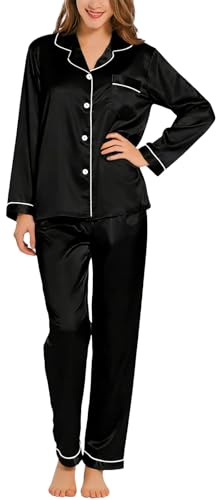 LXEASYGO Womens Pyjama Set Imitation Silk Satin Long Sleeve Long Pant Two Piece Pjs Set Comfy Button Down Sleepwear Loungewear (UK, Alpha, M, Regular, Regular, Black)