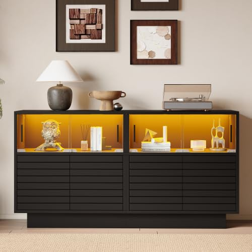 Merax Aparador LED de 130 cm, puertas correderas con 4 compartimentos, armario de salón con iluminación LED, moderno armario multiusos para salón y comedor