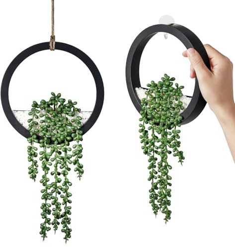 Hobyhoon Hanging Plant Artificial Succulents Fake String of Pearls Plants 12.2'' in Plastic Pot for Indoor Outdoor Wall Decor