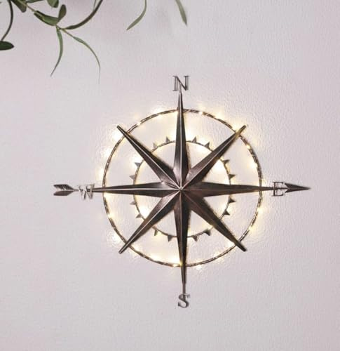 Solar LED Metal Compass Rose Wall Art, Nautical Theme, Light-Up Hanging Decoration for Garden