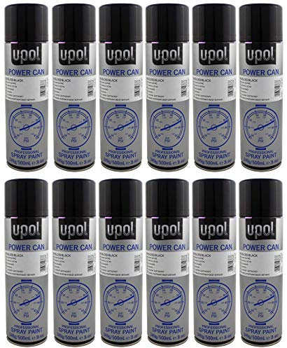 UPOL U-Pol 12 x Power Can GLOSS BLACK Paint Can 500ml Aerosol Powercan Gloss Black - High gloss, durable top coat Car Wheel Body Paint 12 500ml Aerosol Cans