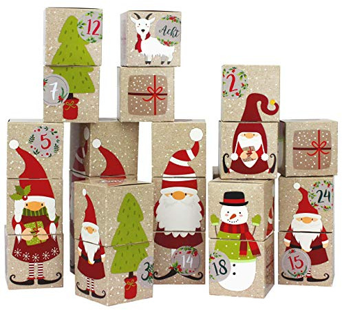 Papierdrachen Adventskalender 2025 zum Befüllen - 24 bunte Kartonboxen im Wichtel-Motiv - inkl. Zahlenaufklebern - DIY Kisten-Set zum Aufstellen