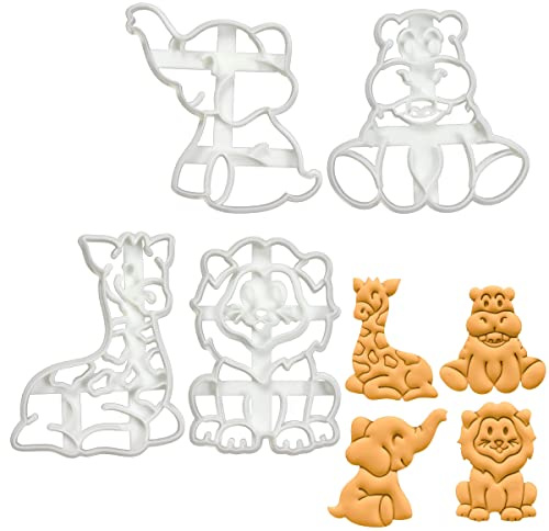 BAKERLOGY Set of 4 Baby Safari Cookie Cutters (Designs: Lion, Elephant, Hippopotamus, Giraffe) - Detailed Biscuit Cutter Design for Baking and Crafts, Ideal on Fondant, Dough, Clay