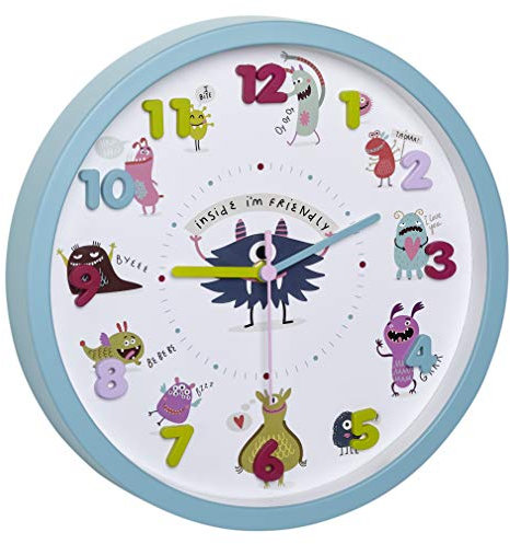 TFA Dostmann Orologio da parete per bambini LITTLE MONSTERS con motivi di monstri, orologio silenzioso, 60.3051.20, ideale per la camera dei bambini, in plastica, turchese