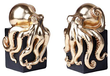 Pacific Giftware Buchstützen-Set aus Kunstharz, Motiv: goldene Oktopus