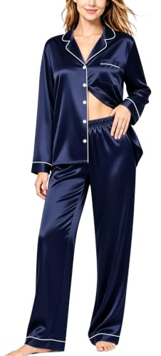 SWOMOG Seidenpyjama für Damen Langarm Knopf Nieder Pyjamas Sets Zweiteiliger Nachtwäsche Damen Satin Hemdpyjama mit Brusttasche Loungewear Marineblau