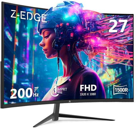 Z-Edge Monitor Gaming Curvo 27'' 200 Hz, 1ms, FreeSync, Pantalla FHD 1080P con DP Cable, 350 CD/m², 1500R VA Sin Marco, HDMI2.1 & DP1.4, VESA, sRGB 99%, 178° ángulo de visión, Inclinación Ajustable