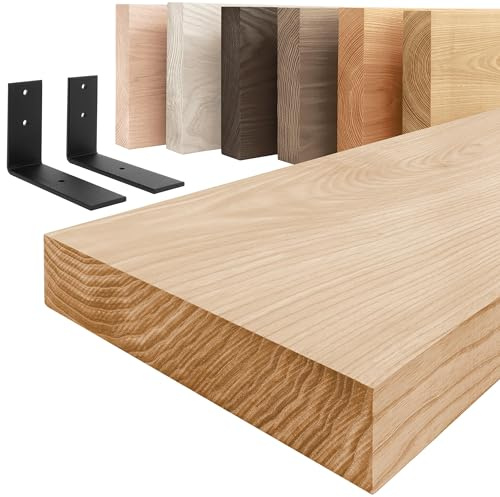 LAMO Manufaktur Holzregal mit schwarzen L-förmigen Halterungen | Wand Regal 90 cm breit für Wohnzimmer, Küche, Büro im Industrial-Stil | Farbe: Natur, Kante: gerade | Massivholz, Vintage-Charakter