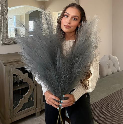 VOULUX Césped artificial de pampa artificial de color gris extra grande, grande, esponjoso, 18 tallos de 115 cm, flores de plantas grises altas, hierba de pampa larga