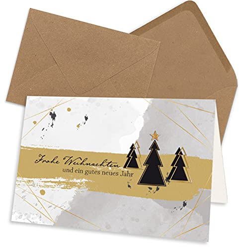 NEUSER PAPIER 20x Weihnachtskarten-Set DIN A6 in Grau mit Weihnachtsbäumen und Text - Faltkarten mit Umschlägen DIN C6 Kraftpapier Sandbraun mit Nassklebung - Weihnachtsgrüße für Firmen und Privat