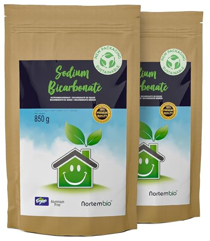 Nortembio Ekologisk Natriumbikarbonat 2x850 g. 100% Naturligt Ursprung. Aluminiumfri. Fläckborttagare, Deodorant och Blekmedel. Baking Soda för Rengöring med E-book Inkluderad.