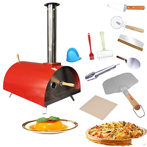 0℃ Outdoor Horno de Pizza de Leña para Exteriores, Horno Portátil de Acero Inoxidable con Piedra para Pizza, Horno 2 en 1 con Rejilla y Asa para la Barbacoa Jardín al Aire Libre,Rojo
