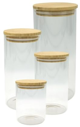 Fackelmann 9980350 Set de 4 boîtes de conservation en verre avec couvercles hermétiques en Bambou, boîte alimentaire, boîte en verre, Verre, Bambou, Transparent, De 13 à 28 cm de hauteur / Ø10 cm | Conservation en vrac, 4 formats de 0,9 à 2 L, Verre et bambou, Rangement visible, Ouvertures faciles, Ø10 cm