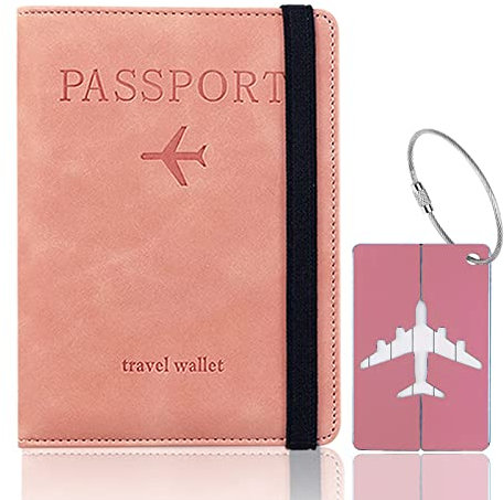 Toctax Reisepasshülle, Passhülle mit RFID-Blocker, Schutzhülle Tasche für Kreditkarten, Reisepass Geschenk Passinhaberdeckel Karteninhaber, Ausweis und Reisedokumente mit Kofferanhänger（Rosa）