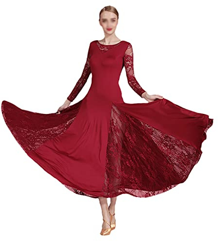 LOOMLO - Abito da ballo in pizzo per donna, a maniche lunghe, per valzer, tango, balli standard, ballo da sala, abito da ballo, bordeaux, M