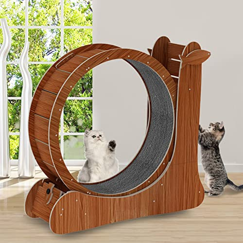 json2xml Katzen-Laufband für drinnen, 2 in 1 Katzen-Kratzbaum & Haustier-Aktivitätsrad-Spielzeug, Holz-Großkatzen-Laufband - Sicherheitssperre - Austauschbare Laufstreckenmatte, 35,8 Zoll,Brown