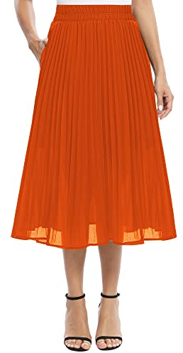 EXCHIC Dam flytande chiffong, elastisk midja, midikjol, fritid, A-linje, knälång, veckad kjol med ficka, apelsin, XL