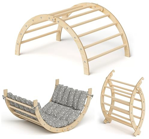 Bellabino Ruki 2in1 Kletterbogen und Wippe mit Kissen 'Weiße Sterne ', Klettergerüst Indoor, Kletterdreieck aus Buche massiv, Natur lackiert, Spielbogen Holz zusammenklappbar