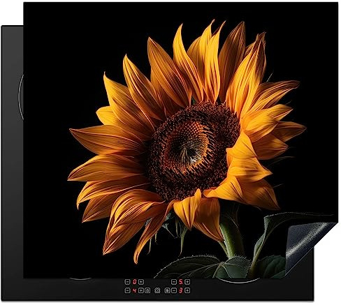 KitchenYeah© Herdabdeckplatte Einteilig Ceranfeld Abdeckplatte für | 60x52 cm - Induktionsschutz Ceranfeldabdeckung Vinyl Herdabdeckplatten Blumen - Botanik - Schwarz - Sonnenblume - Gelb
