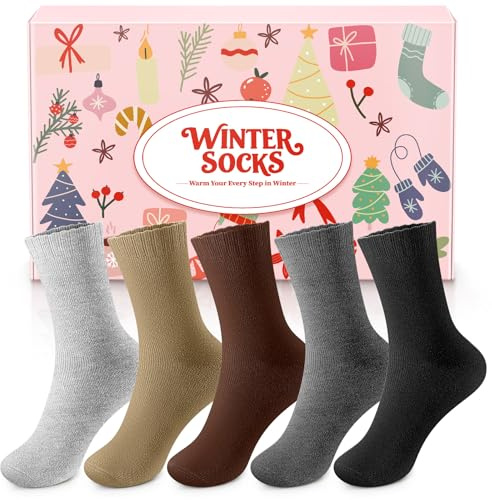 Airabc Lot de 5 paires de chaussettes thermiques d'hiver pour femmes | Pointures UE 35 à 42, Doux confortable, Respirant