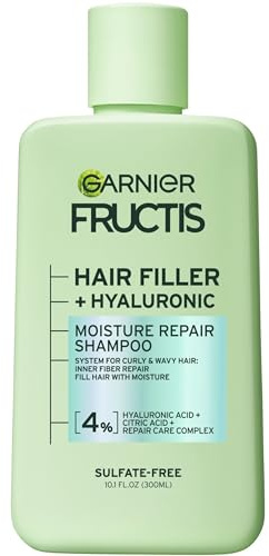 Garnier Fructis Hair Filler Moisture Repair Shampoo, Sulfate Free Shampoo for Curly, Wavy Hair with Hyaluronic Acid, 10.1 Fl Oz, 1 Count