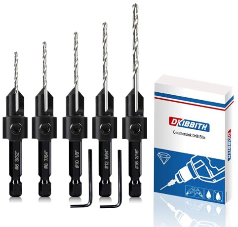5-pc Countersink Drill Bit Set, 3in1 Woodworking Counterbore Hole Drill Bits for #6 8 10 12 16 Screws, Depth Adjustable M2 Pilot Drill Bits, 82-Degree Chamfer, 1/4” Hex Shank, 2 Allen Wrench