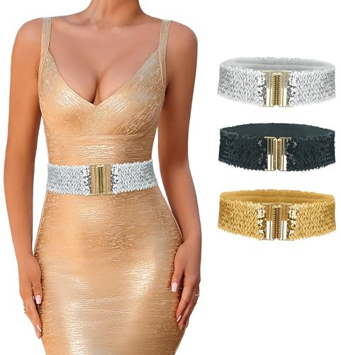 FEOYA 3 Stück Pailletten Gürtel für Damen Mädchen Vintage Glitzer Breite Taille Elastische Cinch Gürtel für 70er 80er Kostüm Party Silber, Schwarz, Gold