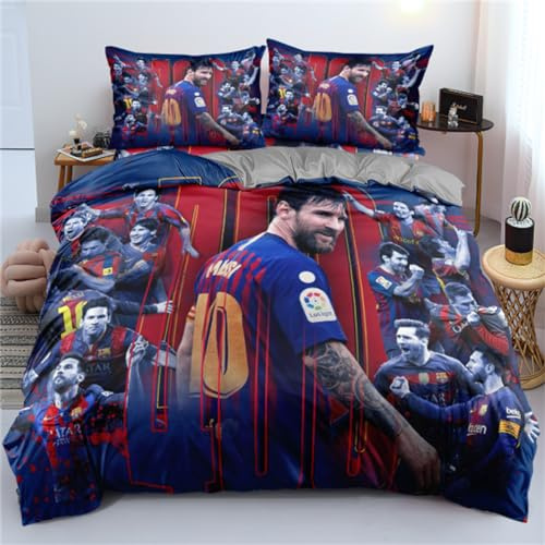 ENIXWH Parure de lit pour ados football star 3D, housse de couette et taie d'oreiller FCB Messi, en microfibre, ensemble de linge de lit pour club de football, avec fermeture éclair et 2 taies