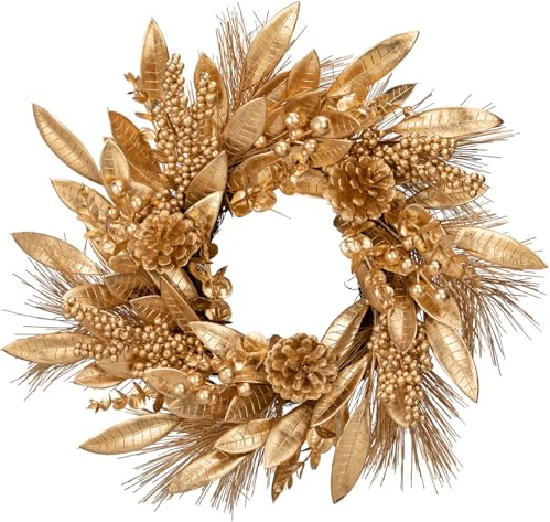 Briful 16 Christmas Wreath Gold Door Wreath, Artificial Magnolia Leaf Wreaths with Berry Clusters Natural Pinecones, Christmas Wreaths for Front Door, Wall Window Xmas Decorations