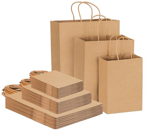45 st bruna kraftpapperspåsar med handtag – presentpåsar i blandade storlekar för affärer, shopping, detaljhandel, fest, gåva, varor (brun)