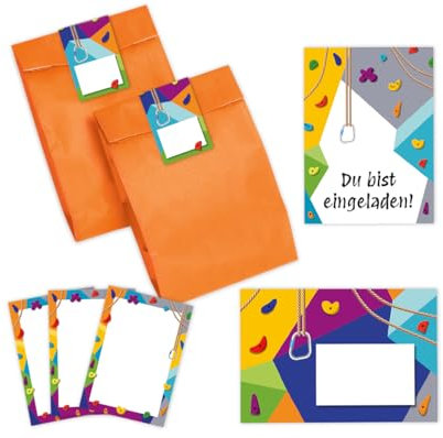 10 Einladungskarten zum Kindergeburtstag Klettern Bouldern Mädchen Jungen Einladung Jungsgeburtstag Mädchengeburtstag incl. 10 Umschläge, 10 Partytüten/orange, 10 Aufkleber, 10 Mini-Notizblöcke