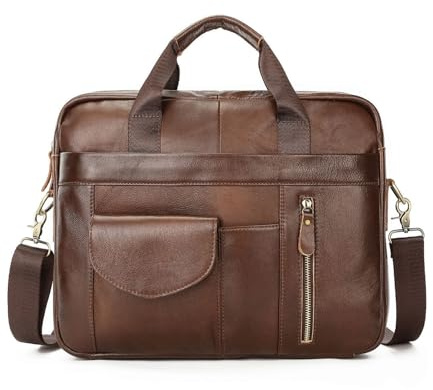 FANDARE Herrportfölj axelväska läder man 15,6 tum laptopväska damer handtag väska arbetsväska affärshandväska bärväska axelväska äkta läder budbärare crossbody plånbok, BRUN, L