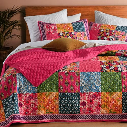 TEXSTEAD Queen Quilt Set for Bed - 100% Cotton Quilts Patchwork Comforter Coverlet Bedspread Reversible 90x90 with 2 Pillow Shams