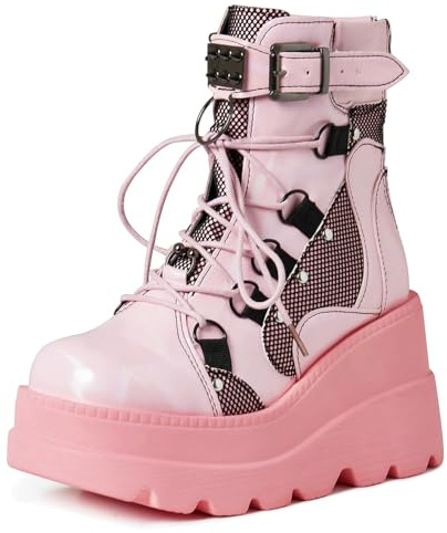 Meefit Women Goth platform Boots Wedge High Heel Lace Up Ankle Boots Round Toe Combat Booties Motorcycle Boot(1-pink,US7)